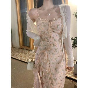 Gentle wind floral dress set women's summer new foreign airscreen cardigan sweet